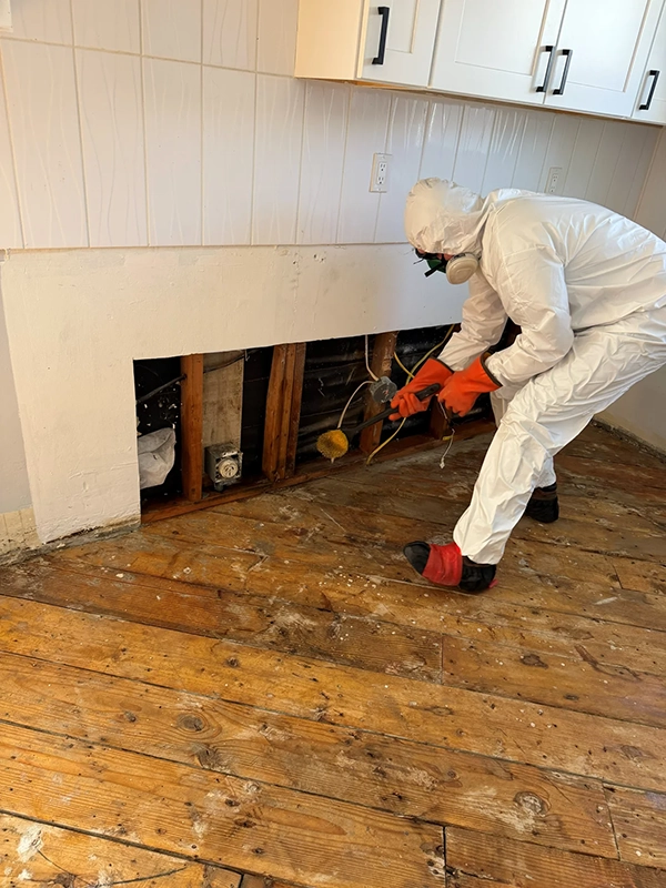 Worker wearing protective coveralls and gloves brushing exposed framing inside a wall opening.
